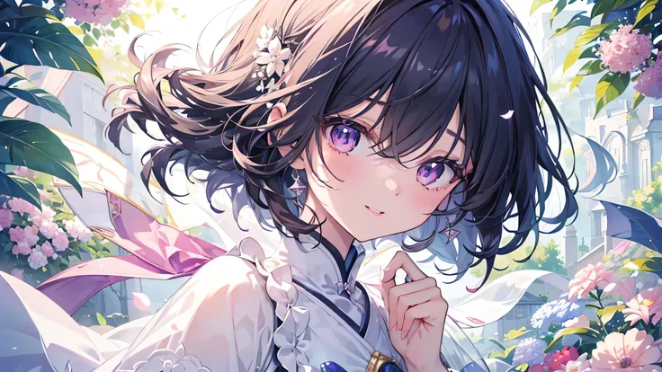 (Highest quality、masterpiece、Super fine、Super fine、Exquisite、16k、Full HD) 、((Big Move,happy,fun))mysterious、Fantasy、Fantasy World、adventure、village、Soft sunlight、((Clear skies)) 、smile、(Full of energy)(Purple Eyes、Long eyelashes、White skin、Pale pink lips、P...