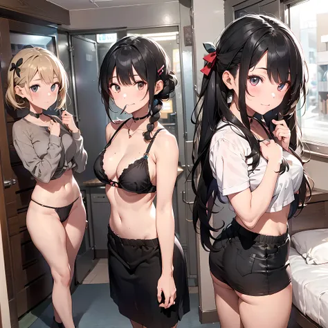 ((three girls are sticking out their big butt boldly)),  (body shot), (At the hotel), (By the bed), Laughing with your mouth open, slender, hair band, Headband, hair bobbles, brown hair, blond hair, navel, jewelry, looking at viewer, necklace, long hair, s...