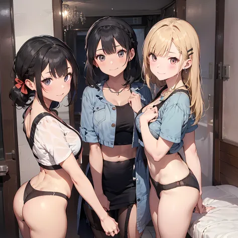 ((three girls are sticking out their big butt boldly)),  (body shot), (At the hotel), (By the bed), Laughing with your mouth open, slender, hair band, Headband, hair bobbles, brown hair, blond hair, navel, jewelry, looking at viewer, necklace, long hair, s...