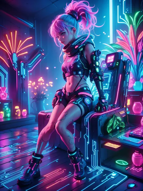 (neon)，circuit board，detailed drawing of an alien girl dressed as a space ranger, shot lying on an alien landscape decorated wit...