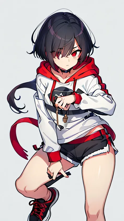 A girl with a sharp look and a cool character, short black hair covering the right eye, Scarlet eyes Body type like a model, white hooded t-shirt, short shorts, dark red sneakers