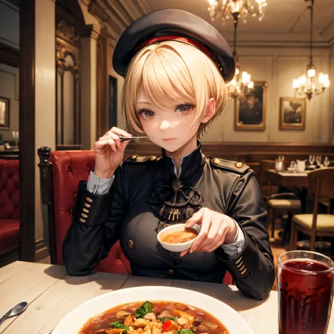 
A woman, blonde with short hair, red eyes, military beret, Victorian dress, eating soup in a German restaurant, destroyed Germany.