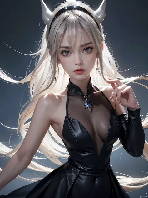 Create a hyper-realistic 8k human portrait of a female, incorporating the characteristics of Lucifer from Helltaker and the detailed facial features described. The portrait should capture Lucifers essence, with her signature red eyes, white hair, demon hor...