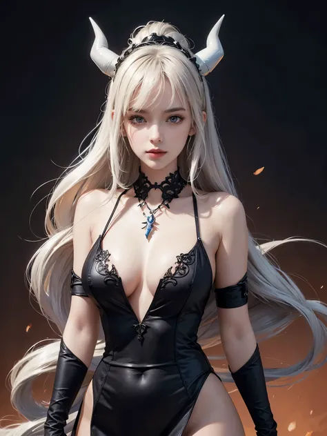 Create a hyper-realistic 8k human portrait of a female, incorporating the characteristics of Lucifer from Helltaker and the detailed facial features described. The portrait should capture Lucifers essence, with her signature red eyes, white hair, demon hor...