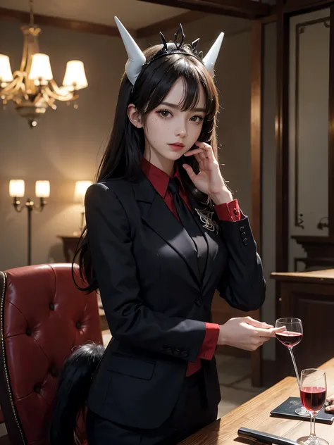 score_9, score_8_up, score_7_up, source_anime, solo, 1girl, luciferdef, mole under eye, smirk, looking at viewer, standing, holding wine glass, hand on own face, long hair, crown, white horns, demon horns, formal, business suit, black jacket, badge, long s...