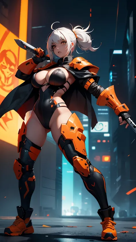 zexy zombie girl, empty black eyes, cyberpunk armor, holds two blades, blood stains, curvy, big breasts, red yellow orange colors, ninja pose about to attack, full body focus, high definition.