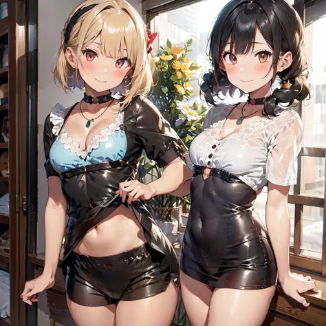 ((masterpiece, best quality, ultra quality, high quality, hyper detailed, intricate detailed, perfect anatomy, shiny skin)), ((three girls are sticking out their big butt boldly)), (body shot), (big butt), (At the hotel), (By the bed),  (smile, shy, red ch...