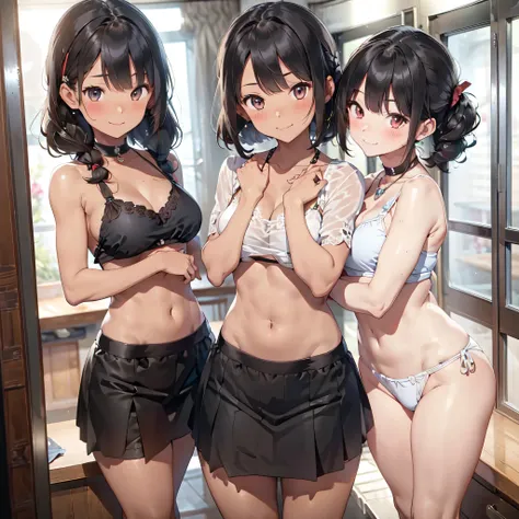 ((masterpiece, best quality, ultra quality, high quality, hyper detailed, intricate detailed, perfect anatomy, shiny skin)), ((three girls are sticking out their big butt boldly)), (body shot), (big butt), (At the hotel), (By the bed),  (smile, shy, red ch...