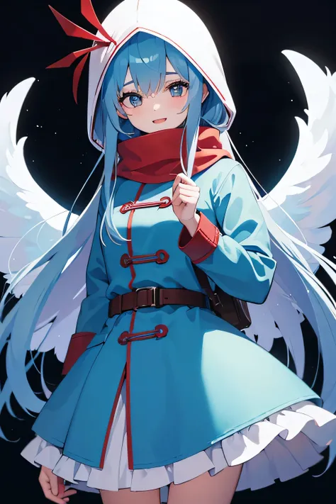 girl, young, long light blue hair, red coat, blindfolded, warm body, happy face, angel wings