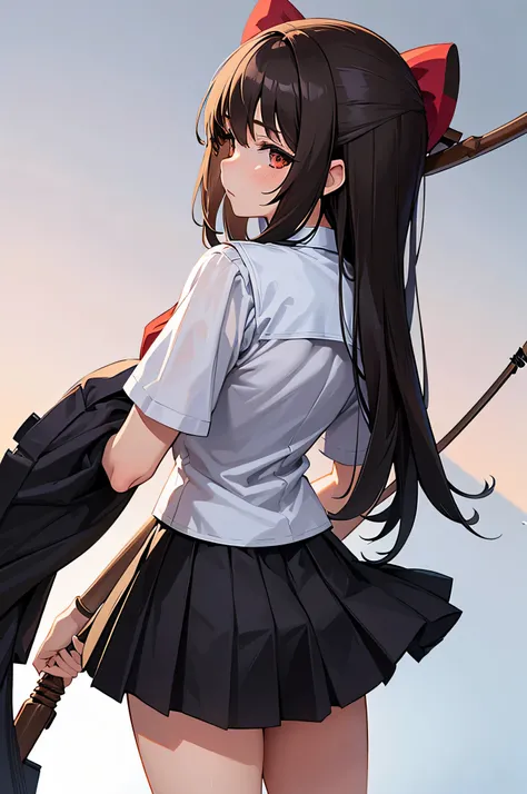 an anime character with long brown tresses and a short skirt in sailor open outfit, holding a bow and arrow, 1girl, solo, lift skirt, sexy very short school uniform, sexy short serafuku, long hair, black hair, cowboy skirt, looking at viewer, white backgro...