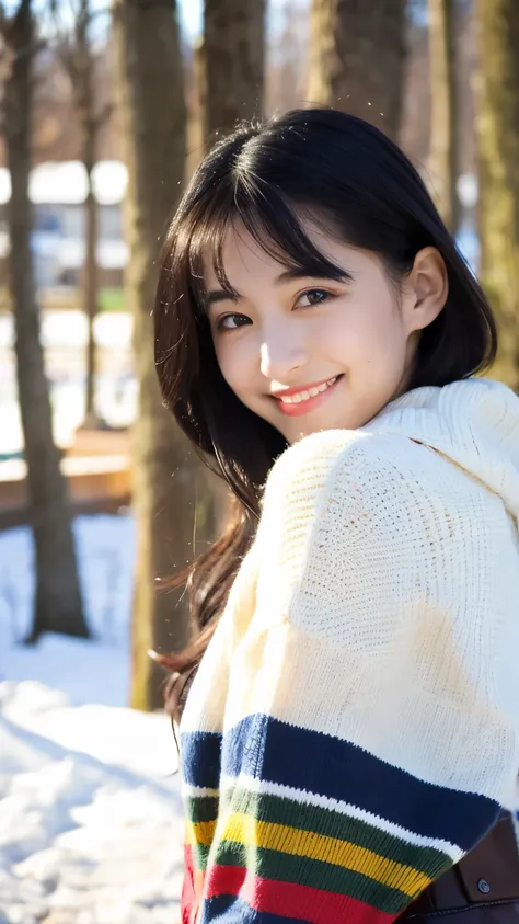 highest quality, masterpiece, (Realistic:1.2), young woman,
Black Hair，
Colorful Skirts,
Cottagecore,
front, Detailed face, Beautiful Eyes, (smile:1.1), 
winter,
Vibrant, Sharp focus,
