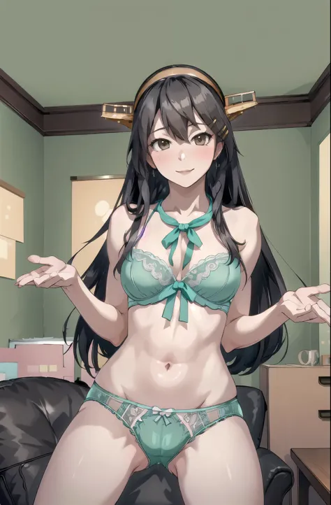 highest quality, masterpiece, High resolution, alone, {Aaron_Kantai Collection:1.15}, black_hair, length_hair, hair_ornament, hairband, Brown_eye, hairclip, blush, smile, headgear, chest, , hair_between_eye,, ((Office Background, Living Room Background))(T...