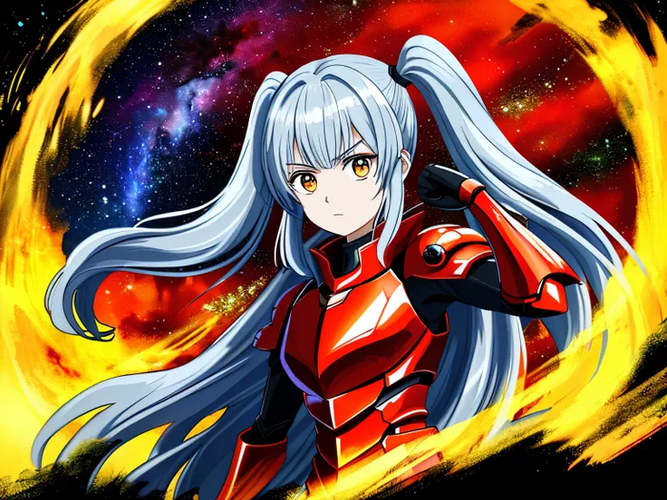 On the mountain cliff、Standing in red and black armor and holding a sword，woman，Light blue long hair、Twin tails、 Hair is shaking and disheveled，heroic，Like the whole body，The face is clear and accurate，Facial details，Ultra-fine，16K resolution，high quality，...