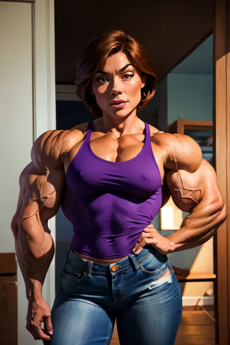 muscle girl with High cheekbones and a strong jawlineflexing muscles wearing purple muscle shirt and light blue jeans, her hair a rich chestnut brown, giving her a dynamic and youthful appearance, muscle woman, big muscles, huge muscles, massive muscles, m...