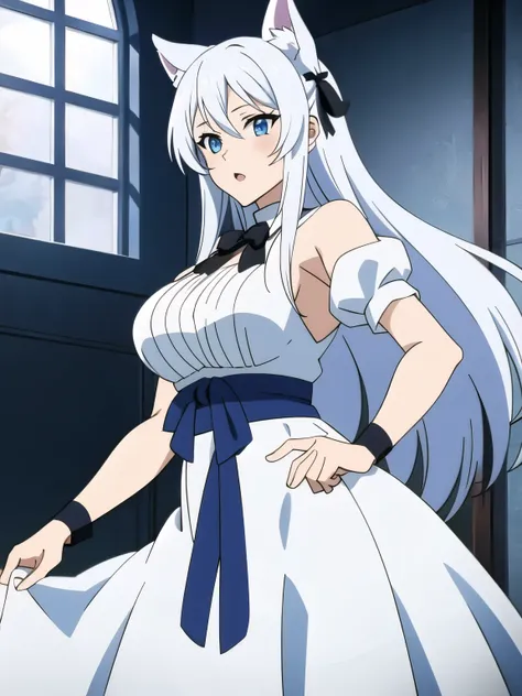 ((masterpiece, highest quality: 1.2), detailed image, anime character, one girl, blue eyes, rich breasts, white dress, black rib...