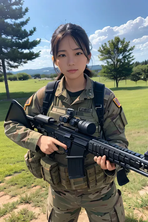 highest quality, raw photo, realistic photos, rifle in right hand, shooting pose with a rifle, japanese female soldier, aim at t...