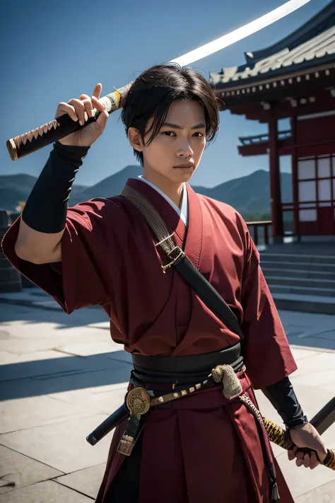 highest quality, Raw photo, Realistic photos, Holding a Japan sword in his right hand, Slashing pose with a Japanese sword, loooking at viewer, Glaring at the audience, Japan Samurai, Wide-angle shot, Dynamic perspective, masterpiece