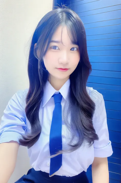 high school girl 18 years old wearing a light blue tie and a miniskirt with a white shirt, sfw