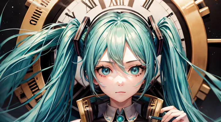 Hatsune Miku　Steampunk costumes　high resolution　high quality　Detailed facial expression depiction　Detailed hair depiction　Detailed description of the costume　Steampunk background　clock　gear　