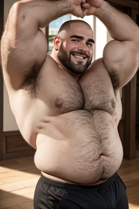 (8k. hyper- realistic. high definition) Bald daddy. very handsome. Caucasian. Muscular. Very obese. very hairy body. Very hairy chest. big gray eyes. Very thick eyebrows. very hairy armpits. smiling. raising both arms