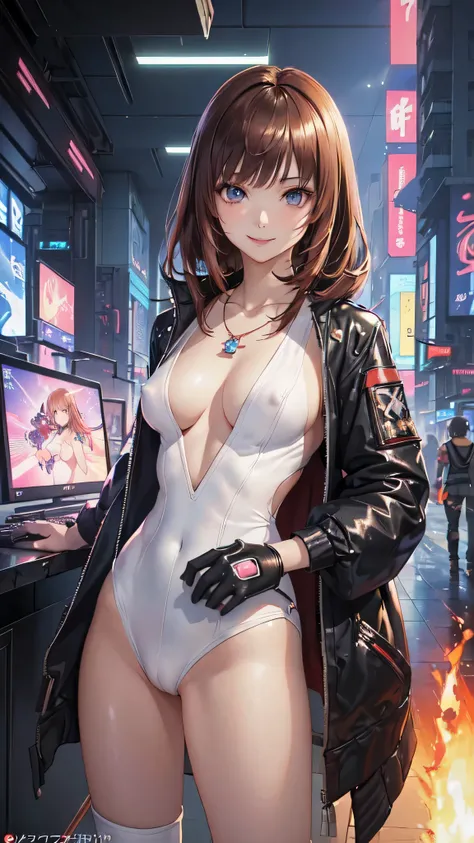 ((Final Fantasy (Yuna), young girl, 16 years old, full body, naked body, dark hair, light skin, scarlet lips, smile; black, expressive playful eyes, long eyelashes)). ((Anime girl with brown hair hair and white short fire dress with necklace, beautiful cha...