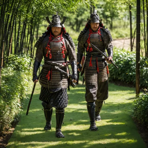 a man wearing heavy samurai armor, wearing ancient samurai helm, iron boots, walking in a japanese bamboo garden, full body (jus...