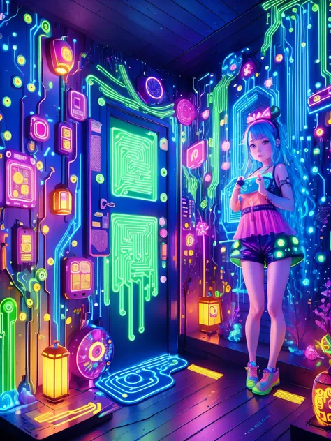 (霓虹lamp)，Circuit Board，colorful nipples，luminescent colors，lamp，girl，Looking at the camera，slime girl，Flowy vest shorts，Towards the wall，Big round eyes，charming，(Ultra HD, masterpiece, precise, Anatomically correct, textured skin, High Detail, high quality...