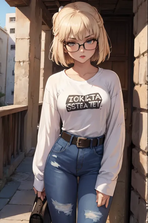 leonie pinelli, blonde hair ,short hair ,1girl, solo, standing, black t-shirt, white shirt, blue jeans, belt, lipstick, eyewear ...