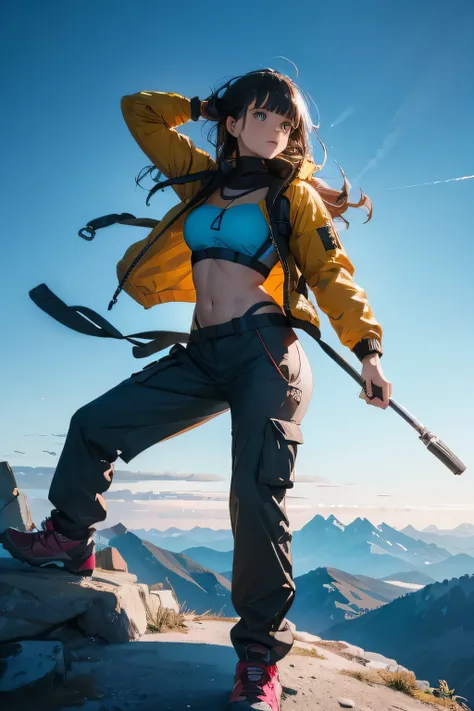 holding a flashlight mature, woman, climbing a mountain, serious, tactical, cool pose, hiking pants, bra wrap, wind, wind breaker