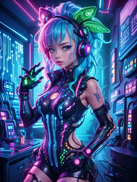 (霓虹lamp)，circuit board，colorful nipples，luminescent colors，lamp，girl，looking at the camera，slime girl，flowy vest shorts，towards ...