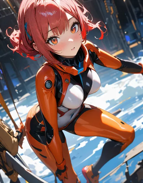 An absurd solution, High resolution, (masterpiece: 1.4), 超detailed, One young woman, Short Red Hair, Pilot Suit, princess, I&#39;m sitting in a very small, enclosed mecha control room, looking out the window., The window allows you to see the blue planet i...