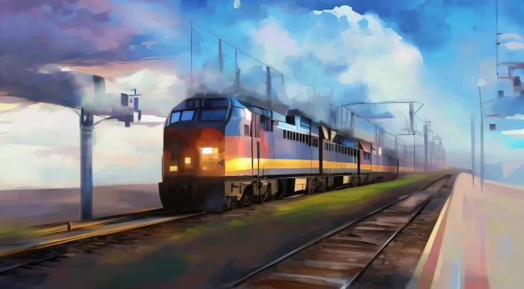 picture of a train on rails against the sky, Zou Zhe, high quality digital painting, beautiful digital painting, gorgeous digital painting, 4k digital painting, 4k digital painting, digital painting 4k,