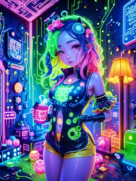 (霓虹lamp)，circuit board，colorful nipples，luminescent colors，lamp，girl，looking at the camera，slime girl，flowy vest shorts，towards ...