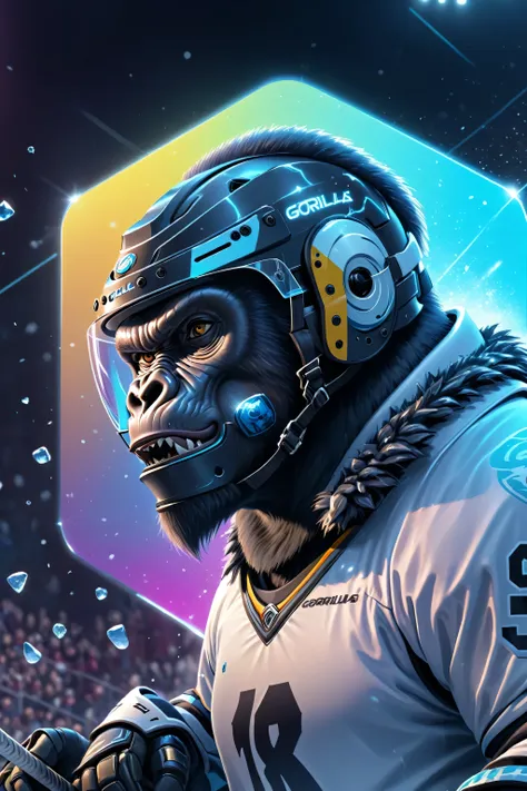 Gorillas playing ice hockey、３ｄcharacter、Helmet、Cyberspace Showdown、Add motion、armor、Cyber intelligence background、Wear protective gear、Confront、３ｄcharacter、３ｄimage、UHD, anatomically correct, best quality, award winning, 8k, 16k
