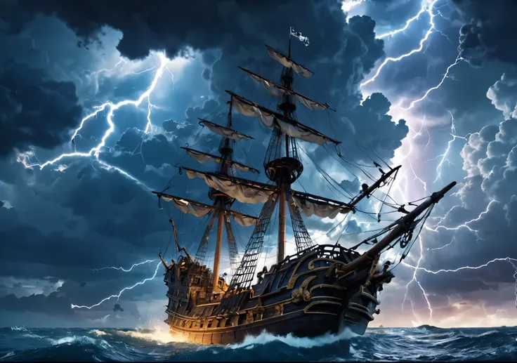 cumulus cloud, Lightning strikes、Ruined pirate ship, Atmospheric perspective, 8k, Super Detail, Accurate, highest quality, lightning、Sharp images、High color reproducibility、Attention to detail、live-action、Alluring、