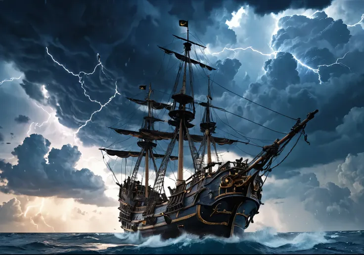 cumulus cloud, Lightning strikes、Ruined pirate ship, Atmospheric perspective, 8k, Super Detail, Accurate, highest quality, lightning、Sharp images、High color reproducibility、Attention to detail、live-action、Alluring、