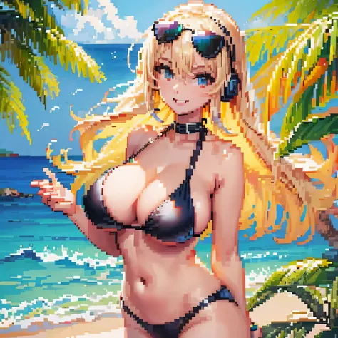 ((pixel art)), a colorful day, sun shine, sea side, (black bikini), fun, sunglasses, radio playing music, big breast, blonde, smile