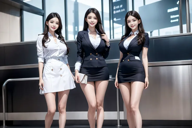 Top quality, ?masterpiece, 8K, Ultra-high resolution, (Reality:1.4), 2 girls in、Beautiful expression、Symmetrical eyes、Huge 、Perfect body proportions、Airline stewardess、Cleavage、Look at the audience、(at the airport:1.2)、Long legs(1.3)、a smile，Body proportio...