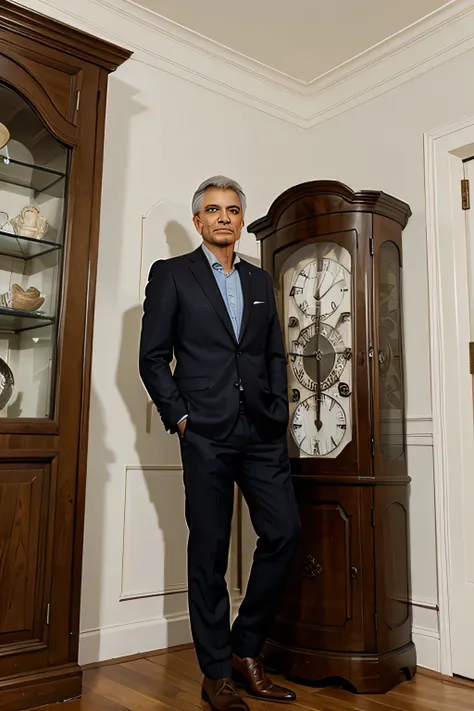 a clock with a man next to it 