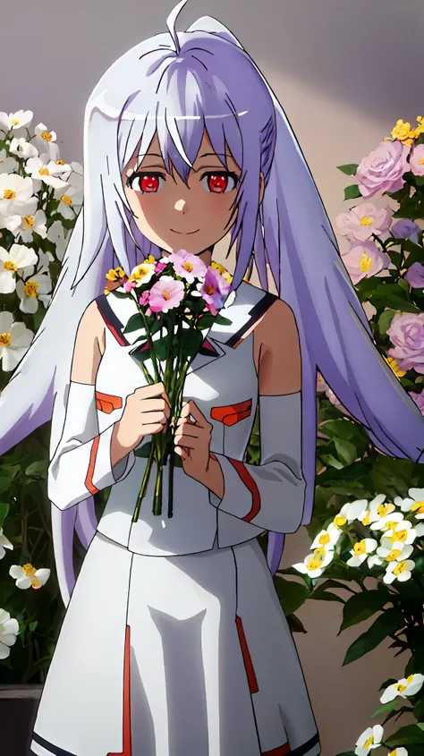 best quality, masterpiece, highres, solo, {isla_plasticmemories:0.90}, 1girl smile  (holding a flowers viewing it to the viewer:...