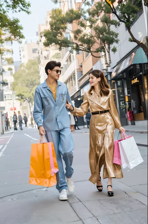 araffes man and woman walking down the street with shopping bags, people shopping, man and woman walking together, customers, in city street, stock photo, dressed with long fluent clothes, man, 🤬 🤮 💕 🎀, vibrant and dynamic, 😭🤮 💔, by david rubin, trending ，...