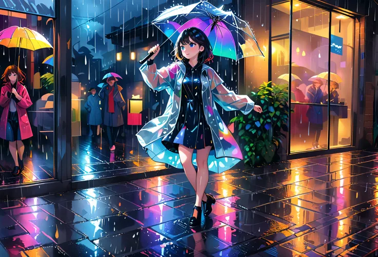 (best quality,ultra-detailed,realistic:1.37), humor,comic style,bold lines, a girl in a city at night,wearing made of transparent vinyl rainbow colored rain coat,holding an umbrella,((dancing in the rain like Singin in the Rain:1.8)),Close to cold colors,r...