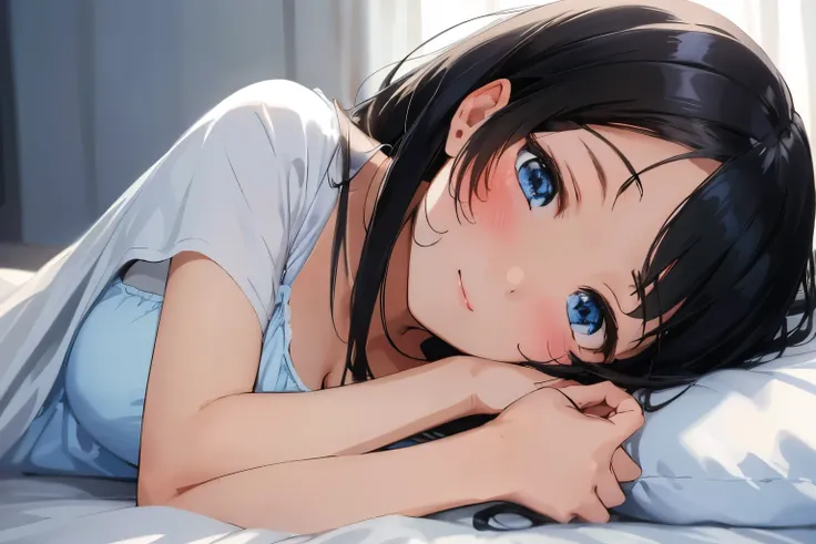 Masterpiece、highest quality、1 female、Super detailed Black Hair、bangs Blue Eyes、Detailed depiction of the eyes Smiling、blush camisole Face is close、Facial Close-up、Bring your face closer Sheetsに寝転がる、Lying on your side Sheets