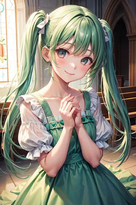 Hollow eyes、smile、(Upper body portrait)、The background is a church、Pastel green dress、Twin tails