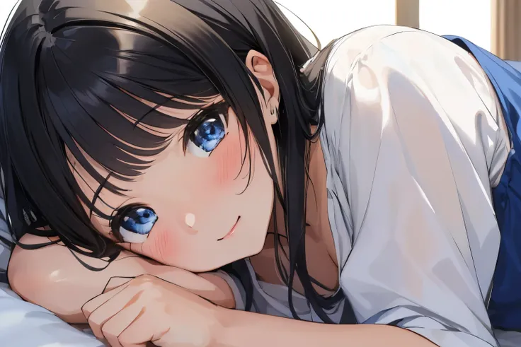 Masterpiece、highest quality、1 female、Super detailed Black Hair、bangs Blue Eyes、Detailed depiction of the eyes Smiling、blush camisole Face is close、Facial Close-up、Bring your face closer Sheetsに寝転がる、Lying on your side、Spread your arms Sheets