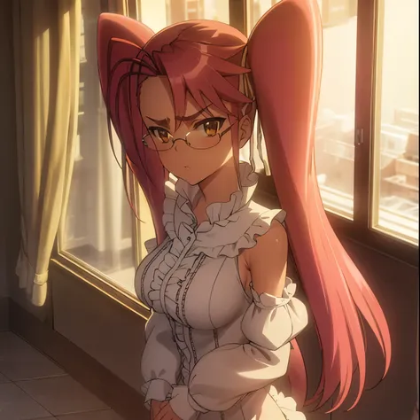 1 girl, alone, saya takagi, long hair, ribbon, two pigtails, (brown eyes: 1.5), hair ribbon, pink hair, glasses, bare shoulders, black gloves, Chinese clothing, claw ring, loose sleeves , dress, elbow-length gloves, ruffled sleeves, ruffles, fur collar, lo...