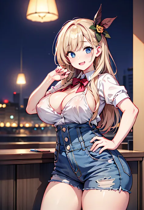 Anime illustration、Fantasy、highest quality、Luxury Casino、Flirt with a man、Plump Dealer、Perfect proportions、overwhelmingly big breasts、Very thick legs、Beautiful, shining eyes、Blushed、smile、Cowboy Shot、Showing off your crotch