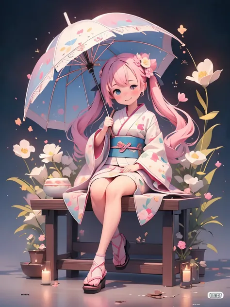 (masterpiece、highest quality、highest quality、Official Art、Beautiful and beautiful:1.2)、(One girl:1.3)Hatsune Miku、Twin tails,Big Breasts,masterpiece, highest quality, One girl, alone, umbrella, kimono, blue eyes, kimono, oil-paper umbrella, smile, Long Hai...