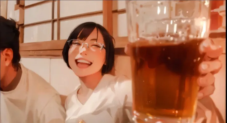 woman, black short hair, glasses, charming smile, holding a glass of beer, The water in the glass is yellow.