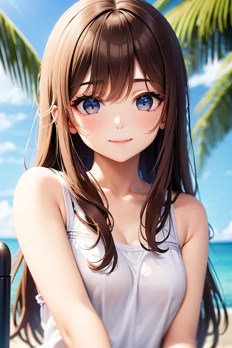 Upper body portrait、Hollow eyes、smile、Waikiki Beach、hula、Brown Hair